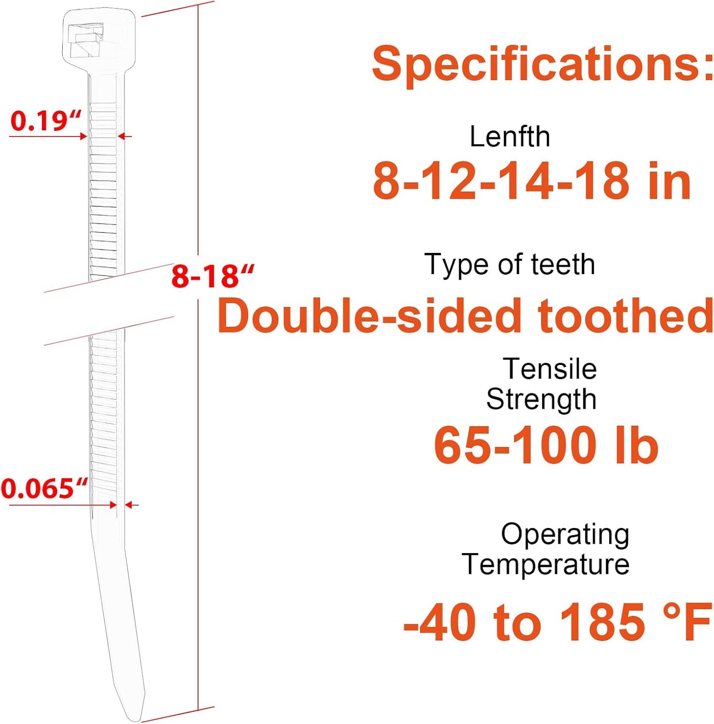 Size,8+12+14+18 Inch Toothed,100 LBS Outdoor400 Pack Zip Ties Assorted Double Sided Tensile Strength Heavy Duty Cable