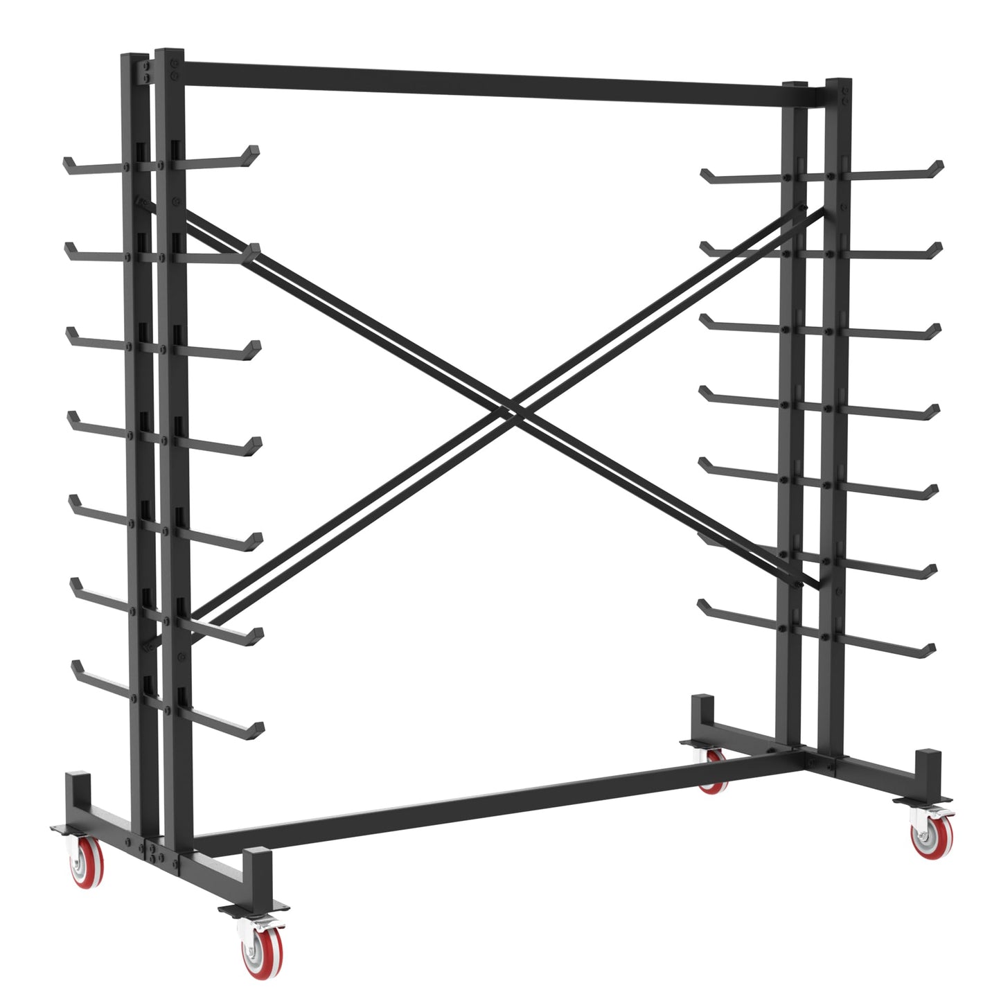 Soywey 7-Tier Steel Horizontal Storage Rack,Detachable Lumber Storage Rack,Load 2000 Lbs Heavy Adjustable Pipe Rack Lumber Organizer Shelf for Garage Workshop Shed Basement Black(With Wheel)