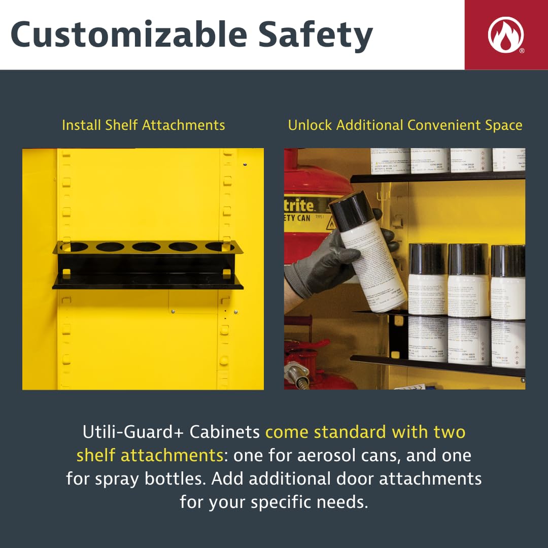Justrite Utili-Guard 30 Gallon Self Close Flammable Storage Cabinet with 2 Shelf Accessories - 18 Gauge Steel - 2 Door Fire Cabinet - 44" x 43" x 22" - Made in The USA - Yellow - U893020
