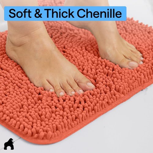GORILLA GRIP Bath Rug Mat - Thick Soft Absorbent Chenille | Quick-Dry Microfiber 36x24 Coral