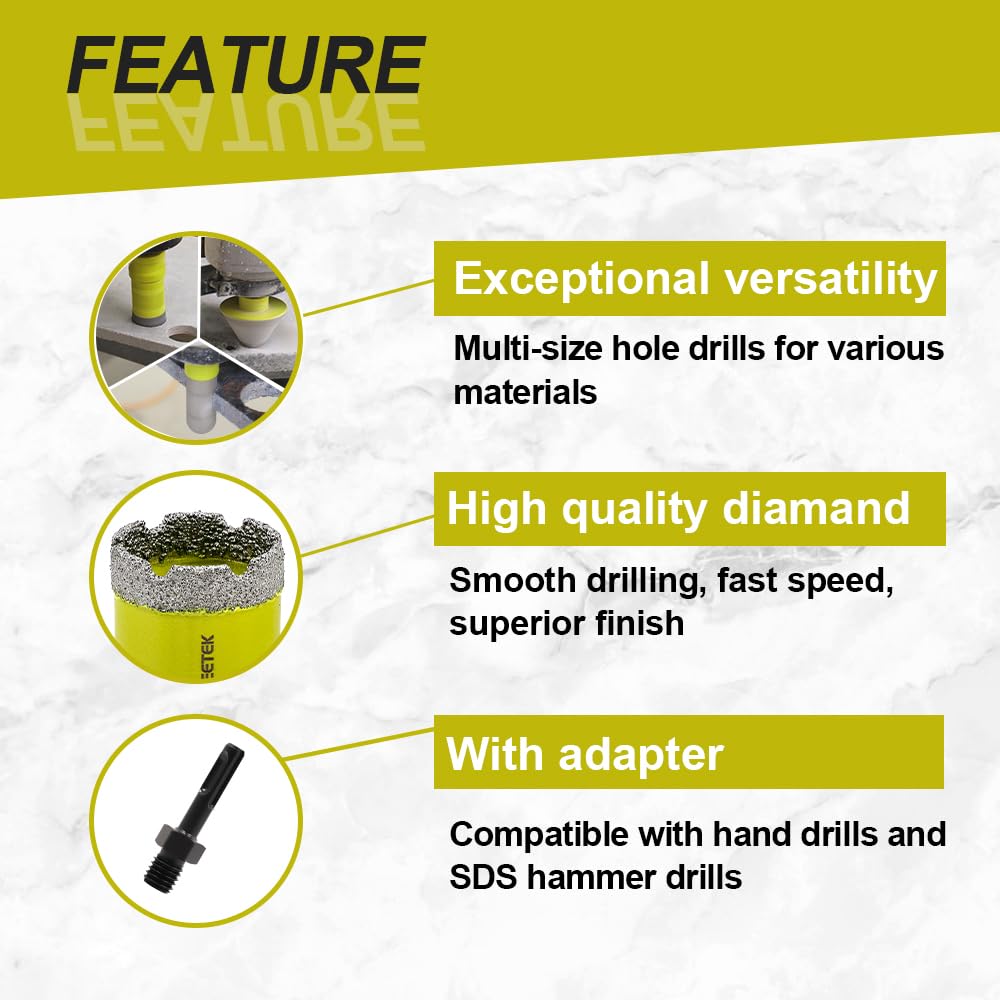 Diamond Tile Hole Saw Kit - Diamond Core Drill Bits Set SANLEETEK for Porcelain Tile Ceramic Marble 6/6/8/20/35/50/75/100MM+4/5'' Finger Bit+2" Chamfer Bit+SDS/HEX, 12pcs