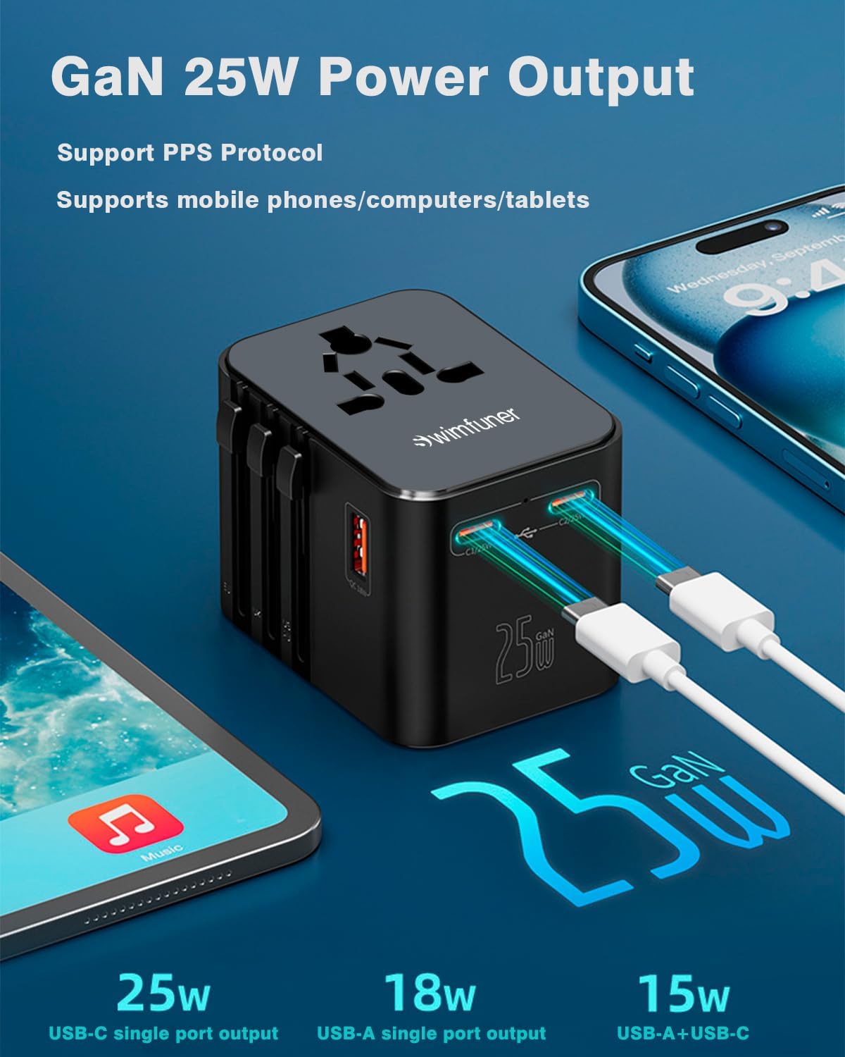 SWIMFUNER 2 1 Universal Travel Converter, GaN International Plug Charger, with USB-C and USB-A Travel Global Adapter