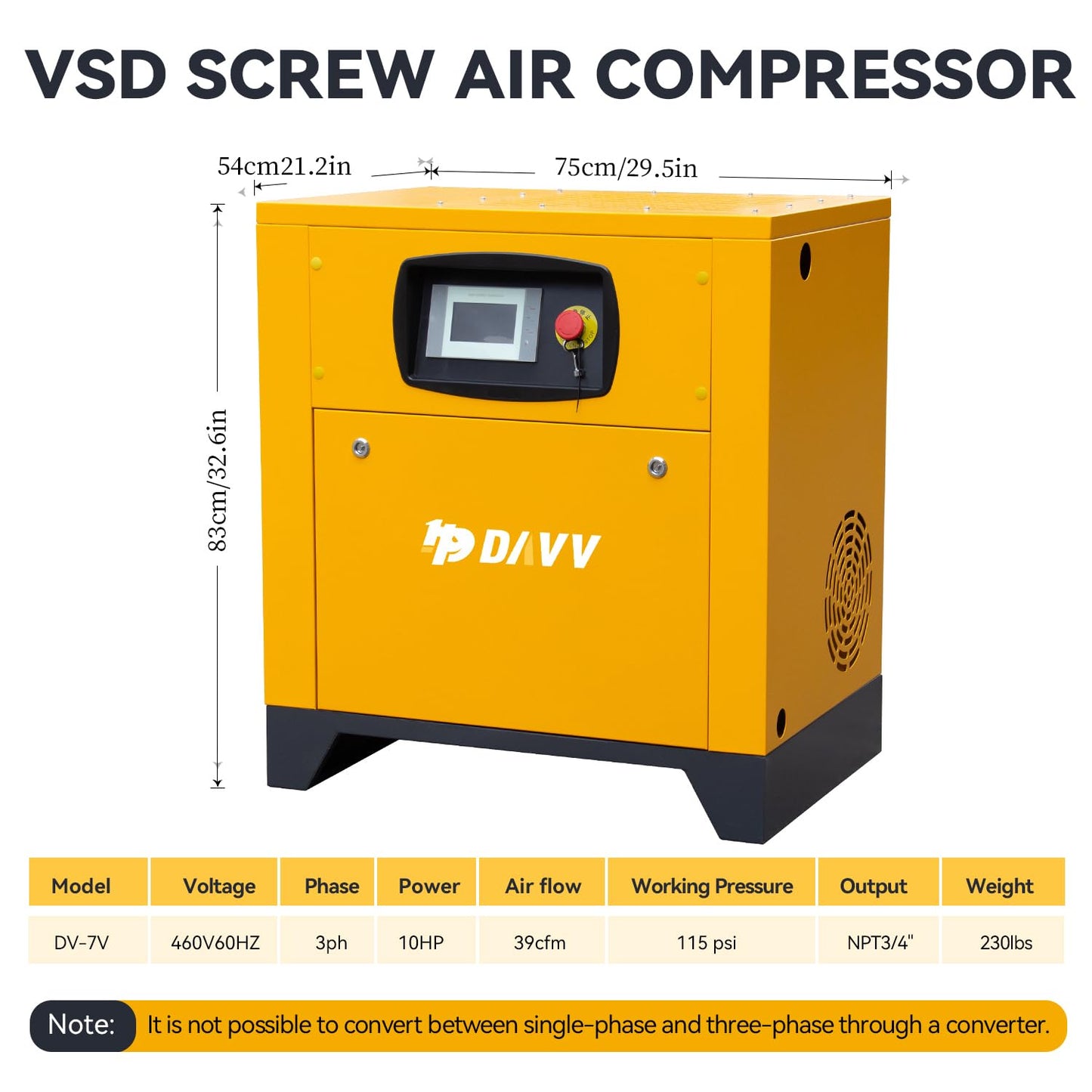 460V Universal Variable Frequency Motor Rotary Screw Air Compressor - 10HP/7.5KW Three-phase compatible - 39CFM@115PSI Base Mounted Commercial Air Compressed System