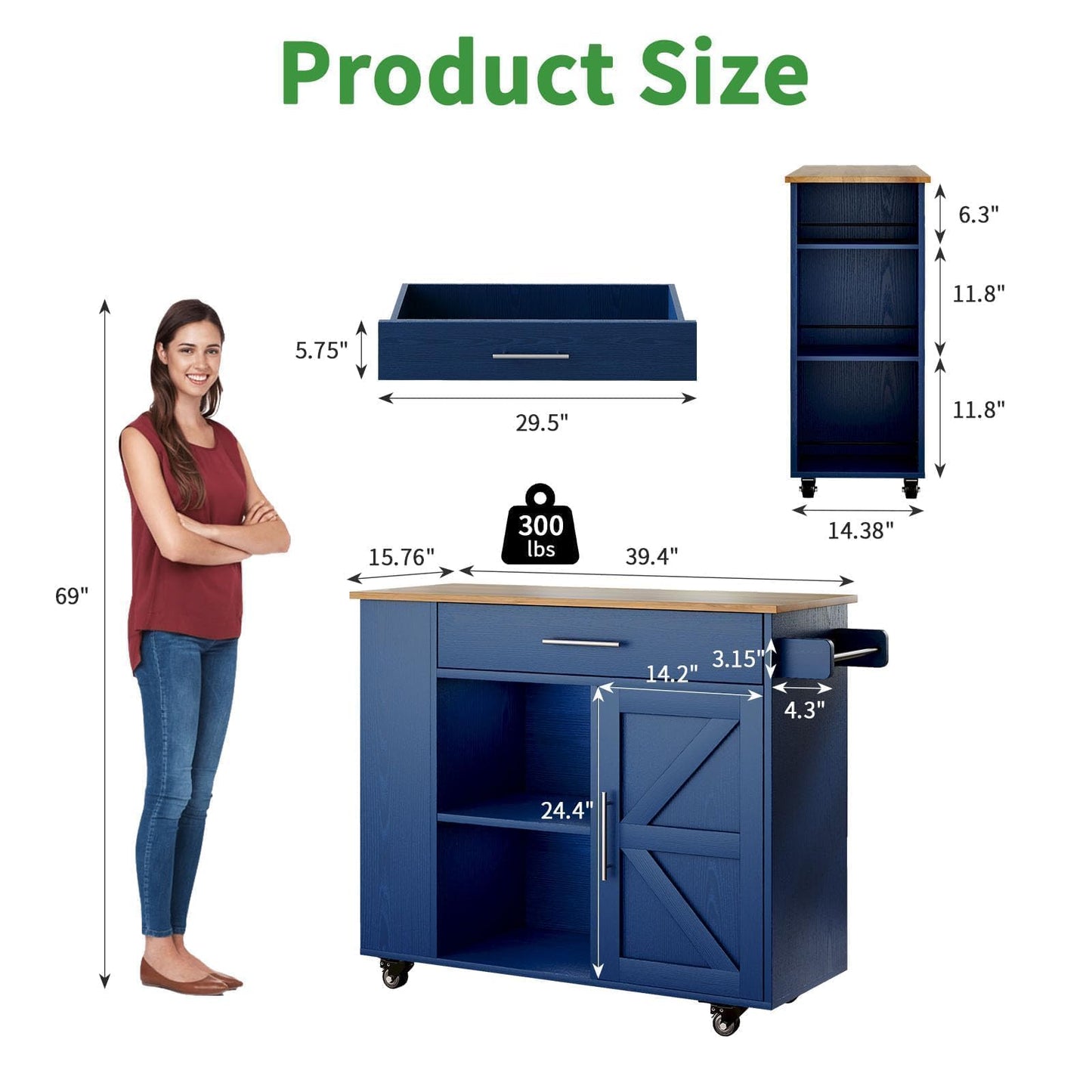 4 EVER WINNER Navy Blue Rolling Kitchen Island with Storage for Small Kitchen, 39" Farmhouse Kitchen Island Cart on Wheels with Drawer, 3-Tier Spice Rack, Open Shelves & Towel Rack for Apartment