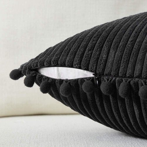 Fancy Homi Decorative Throw Pillow Covers - Set of 2 Black Pom-Pom Cushions | 12x12 Inch Soft Plush for Modern Farmhouse Decor