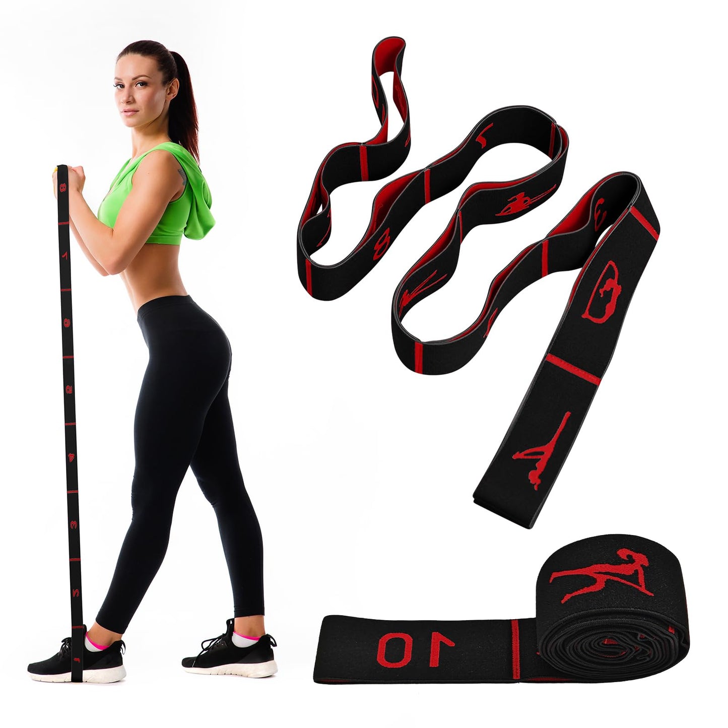 Upgrade Stretching Strap with Loops,Yoga Strap ,Home Workout,Pilate & Flexibility Training,Non Elastic Exercise Stretch Band for Hamstring,Leg Stretcher Belt,Flexibility Fascia (Black-10 Loops, 2 Pack)
