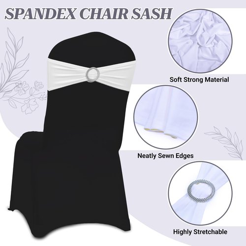 MDS Spandex Chair Sashes - Pack of 150 Universal Elastic Stretch Bands with Buckle Slider Bow | White