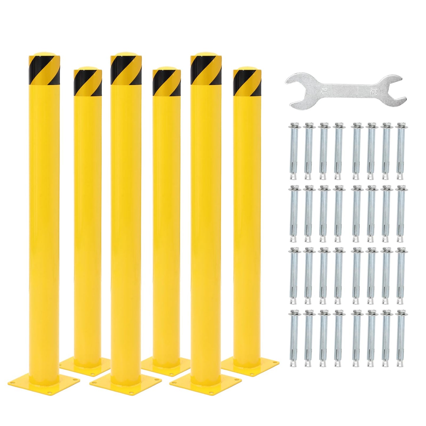PeakPursuit 42 Inch Height Safety Bollard Post, 2 Pack 4.5 Inches Diameter Steel Pipe Safety Bollard, Yellow Parking Bollard with 24 Anchor Bolts, Steel Bollard Post for Traffic-Sensitive Area