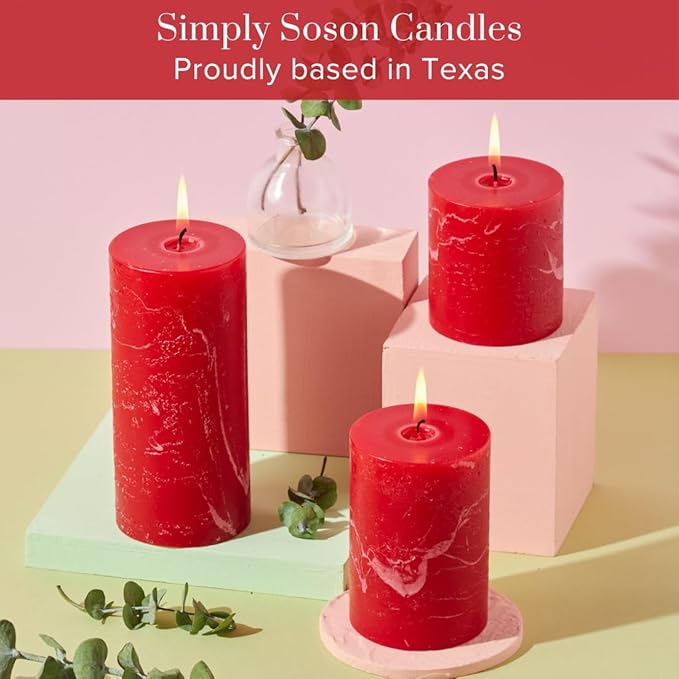 Simply Soson Red Rustic Texture Pillar Candles - 3x4 inch Set of 3 - Unscented Decorative Large Candles for Home Decor, Weddings, Holidays