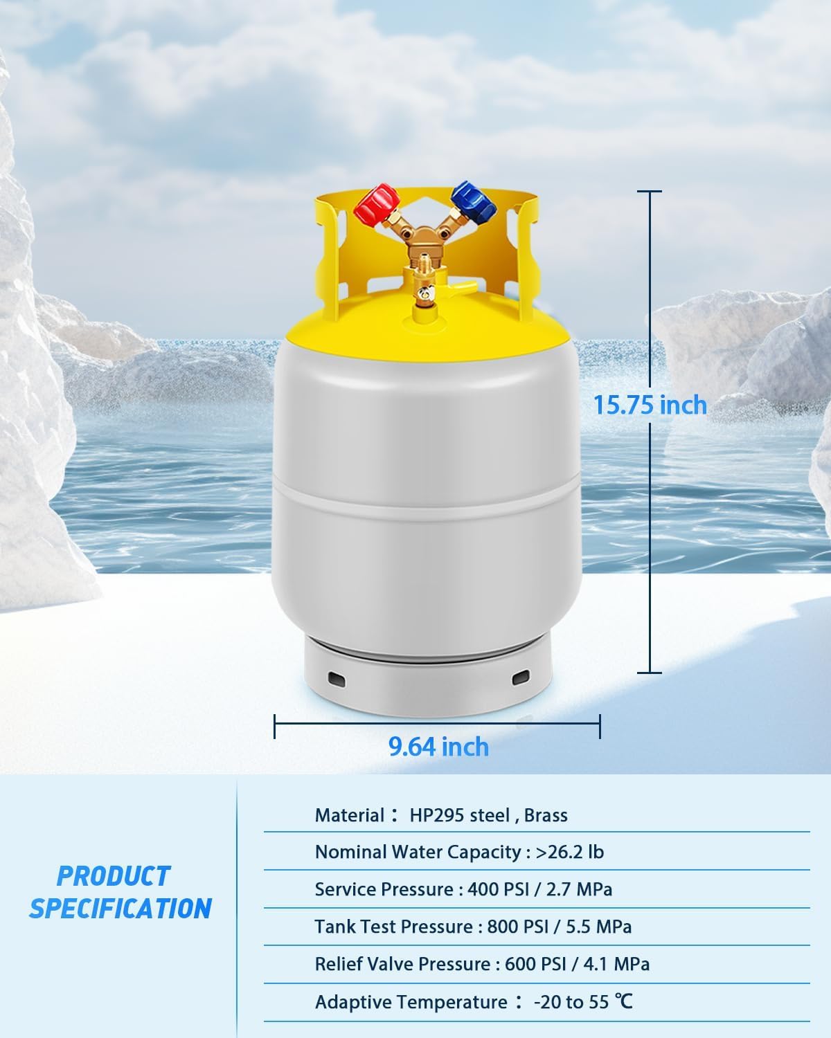 FAHKNS Refrigerant Recovery Tank 30 LB with 1/4 SAE Y-Valve Reusable Cylinder Tank Without Float Switch R12 R22, R134A, R410A etc Refrigerant Freon Recovery Tank Gray Yellow Gray Yellow