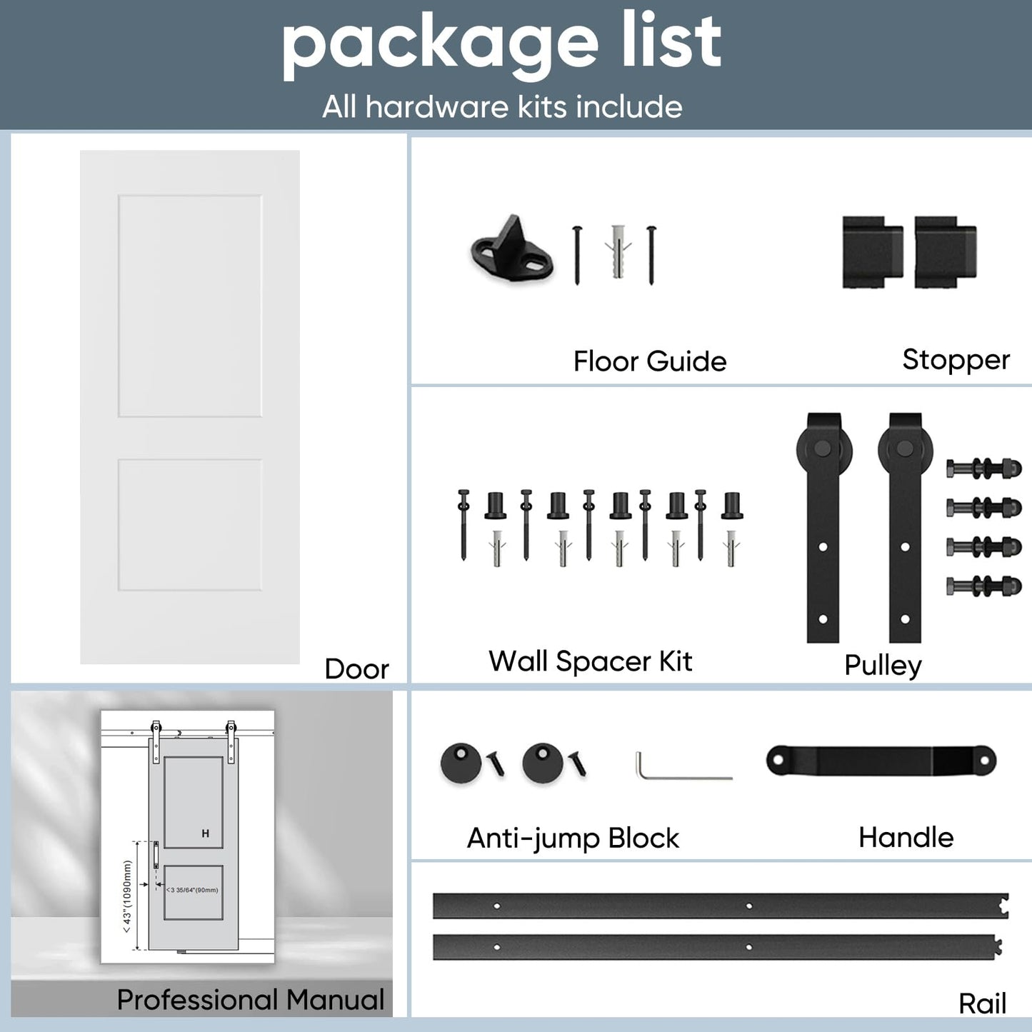 JUBEST 36"x84" Sliding Barn Door, 2-Panel White Primed Composite Interior Molded Door Slab with 6FT Hardware Kits & Handle, Preassembled Solid Core Panels with Paintable Surface, Durable & Sturdy