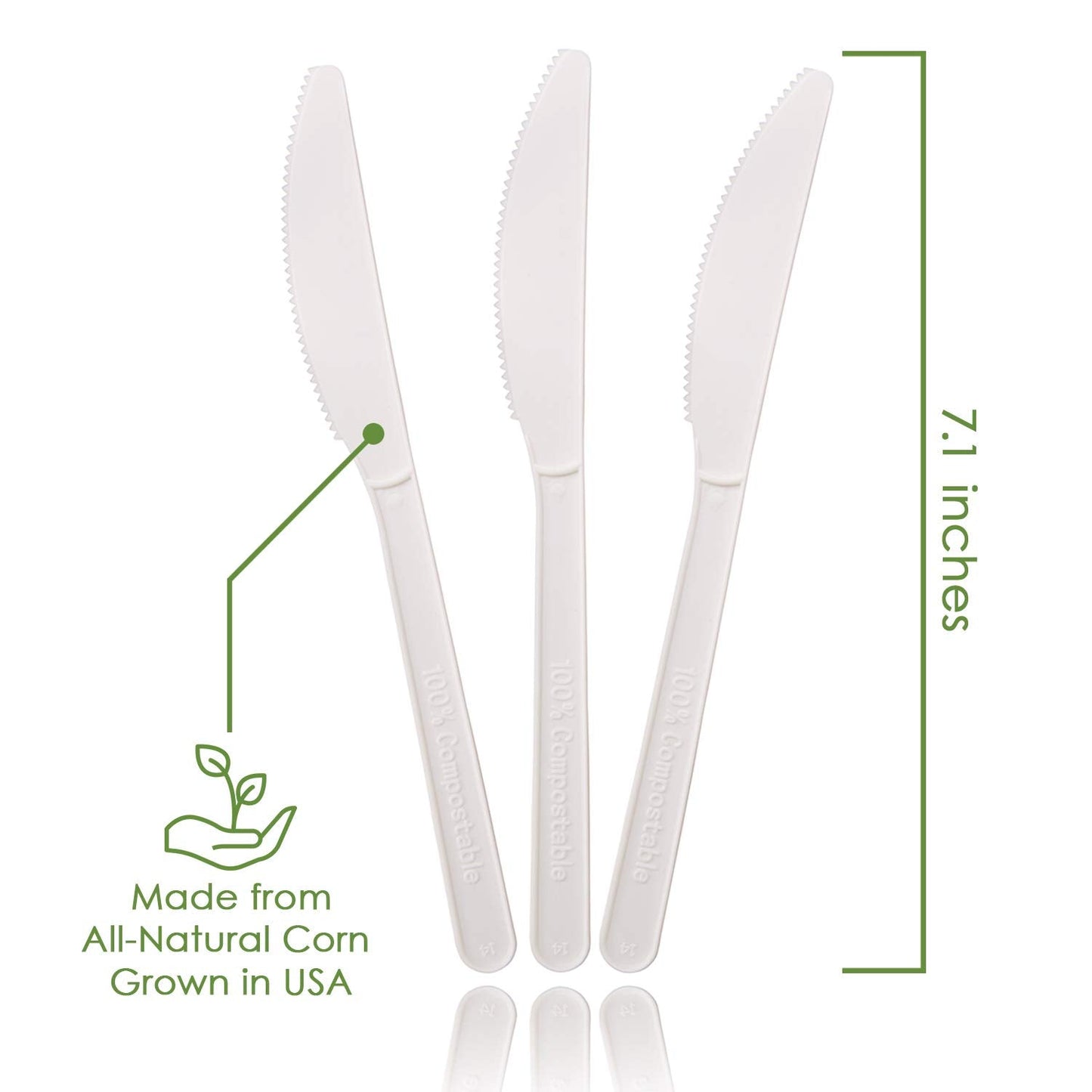 Ecovita 100% Compostable Knives - 500 Large Disposable Utensils (7 in.) Bulk Size Eco Friendly Durable and Heat Resistant Alternative to Plastic Knives with Convenient Tray