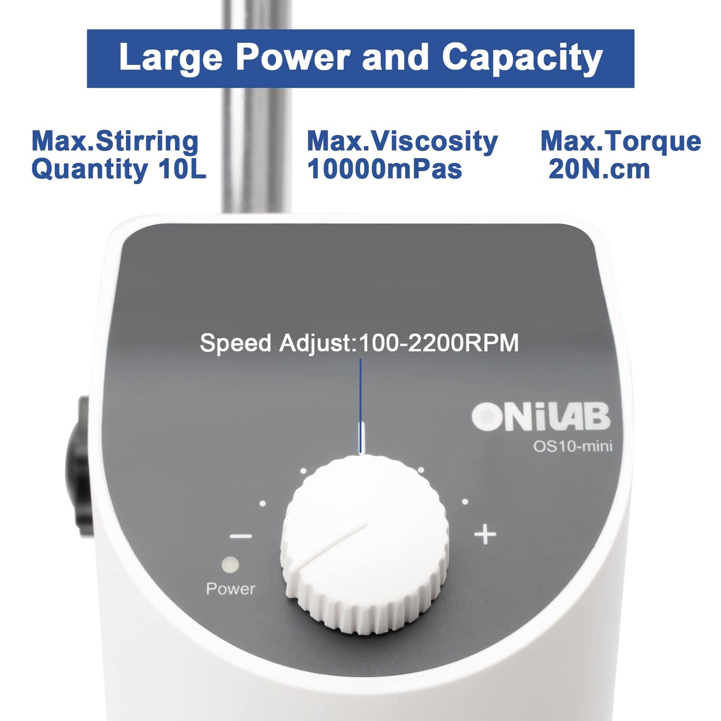 ONiLAB Lab Analog Overhead Stirrer, 10L Capacity, 100-2500rpm Adjustable Speed,Max.Viscosity 10000mpas, Lab Mixer with Overload Protection, Overhead Mixer with Support Stand&Two Stirring Rods,110-220V