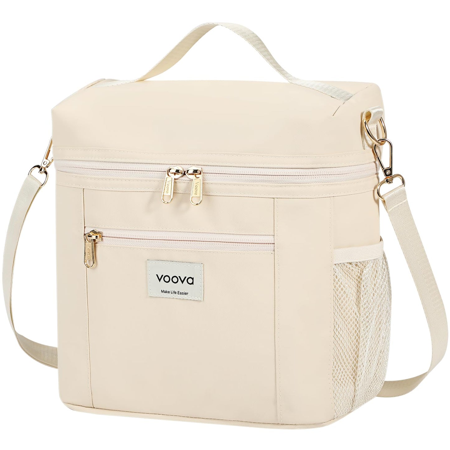 Voova Lunch Bag for Women, Insulated Lunch Box with Shoulder Strap, Adult Reusable Lightweight Nylon Waterproof Lunchbox Lunch bags for Work, Beige