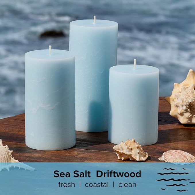 Simply Soson 3x6 inch Light Blue Rustic Sea Salt and Driftwood Pillar Scented Candle - 3 Pack - for Home Decor, Aromatherapy, Weddings, Restaurants, Spa,