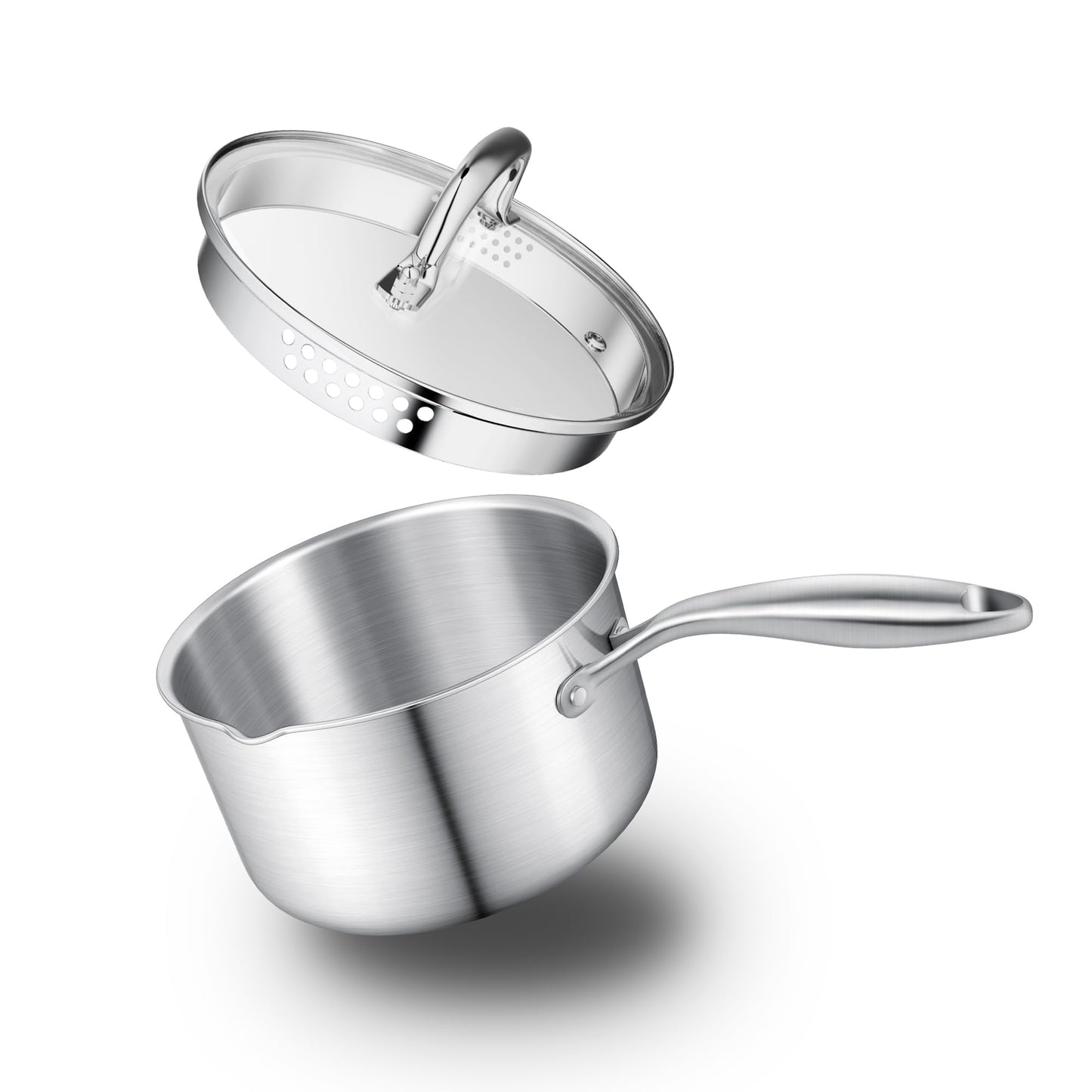 Leetaltree 2.5 Quart Stainless Steel Saucepan with Glass Strainer Lid, Thicken Tri-ply Ful Body, Multipurpose Sauce Pot with Two-Size Drainage Holes Lid, Perfect For Boiling Gravies, Pasta, Noodles