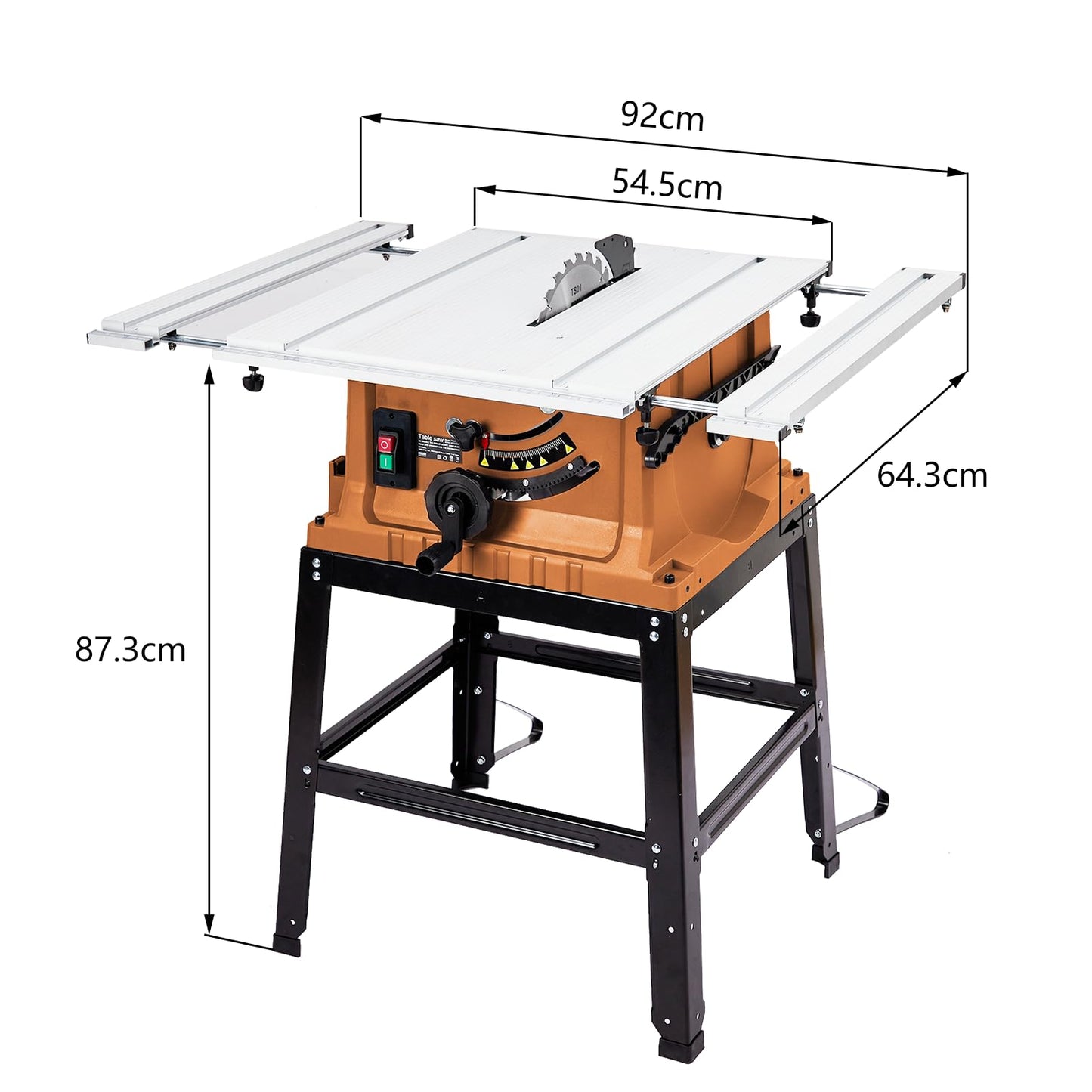 Table Saw, 10 in 15A Multifunctional Saw with Stand & Push Stick for Jobside, 90° Cross Cut & 0-45° Bevel Cut, Cutting Speed Up to 5000RPM, Adjustable Blade Height, Ideal for Woodworking, Orange