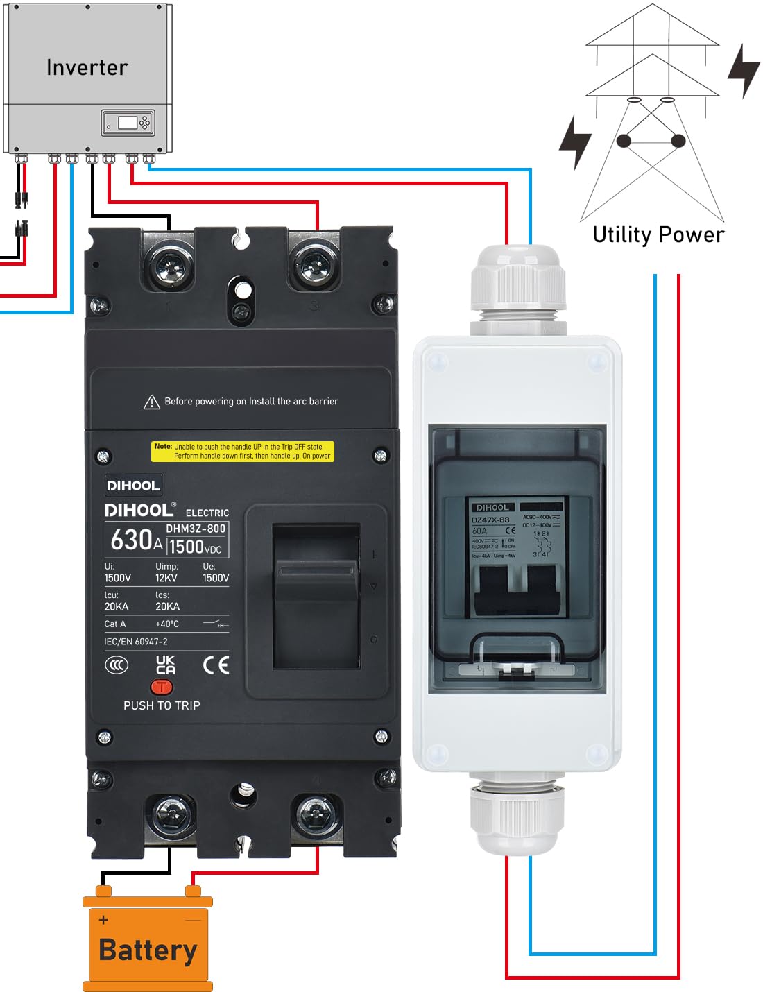 DIHOOL 630 Amp DC Circuit Breaker,2P 1500V 20kA,Heavy Duty Battery Disconnect Switch with Thermal Magnetic Trip for Solar System