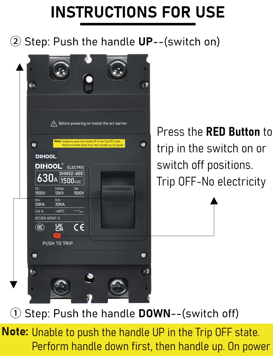 DIHOOL 630 Amp DC Circuit Breaker,2P 1500V 20kA,Heavy Duty Battery Disconnect Switch with Thermal Magnetic Trip for Solar System