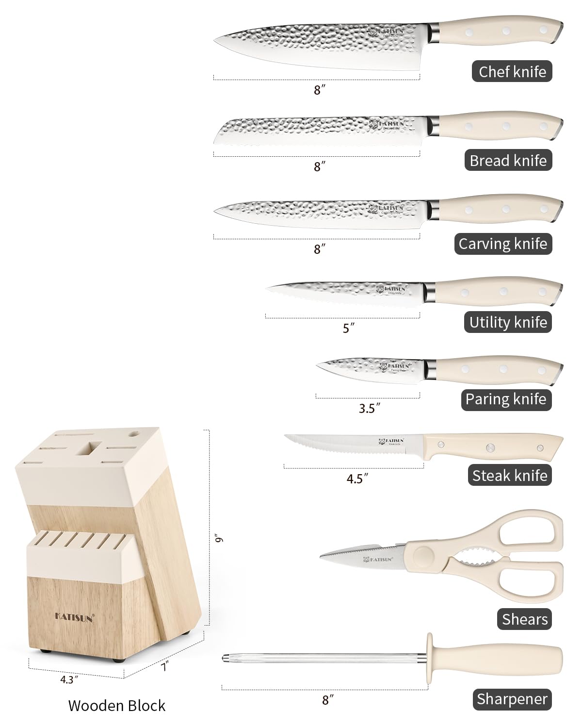 Kitchen Knife Set,14-Piece Knife Set With Block Wooden, Self Sharpening For Chef Knife Set, High Carbon German Stainless Steel Hammered Collection Knife Block Set, Dishwasher Safe Cutlery, Cream