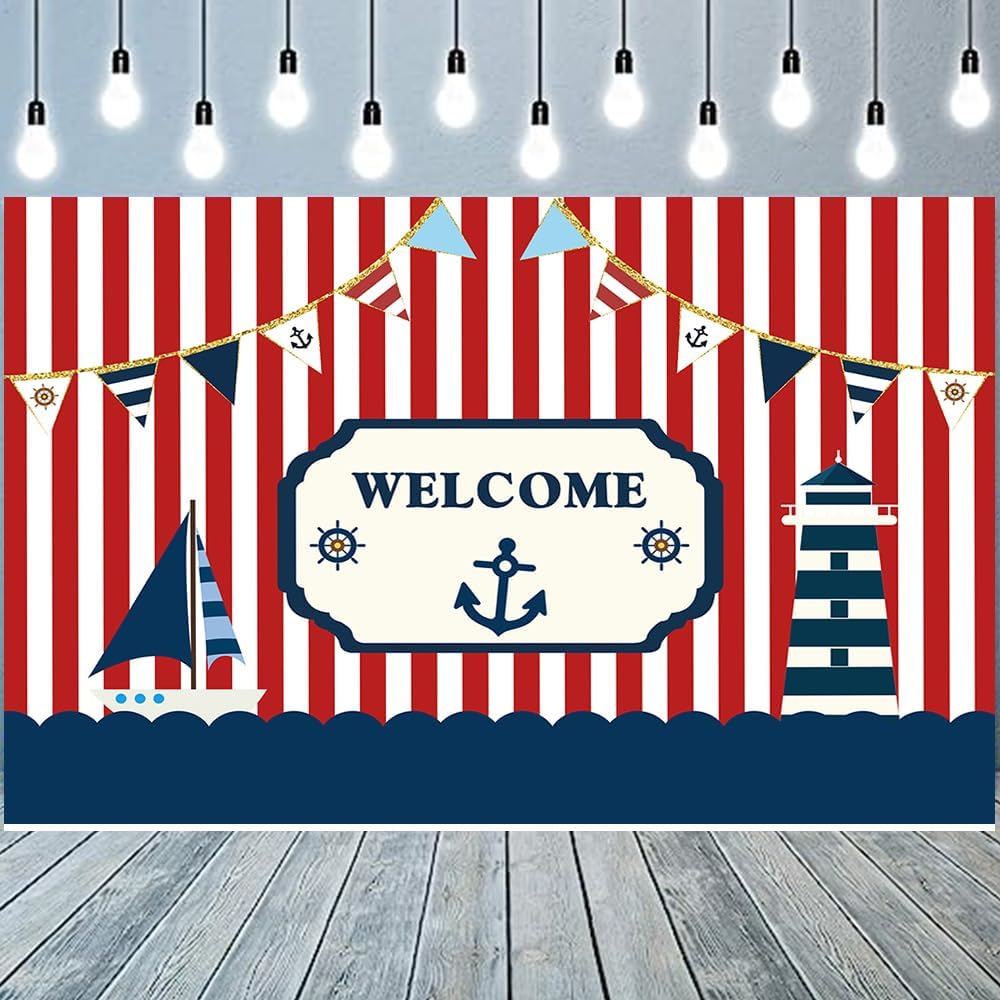 Fanghui 8*6ft Nautical Theme Party Photography Backdrop Red White Striped Marine Voyage Boat Background Decoration Kids