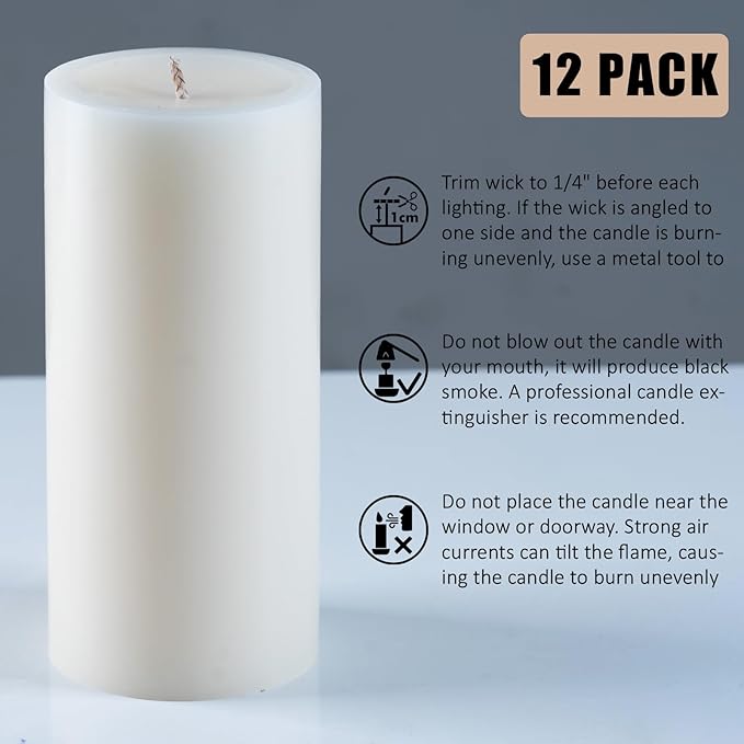 Ivory Pillar Candles ??2.8x4 Unscented Candle Set of 12 ??Dripless, Smokeless, and Clean Burning Household Large Decorative Table Candles ??Perfect for Weddings, Parties, Dinners