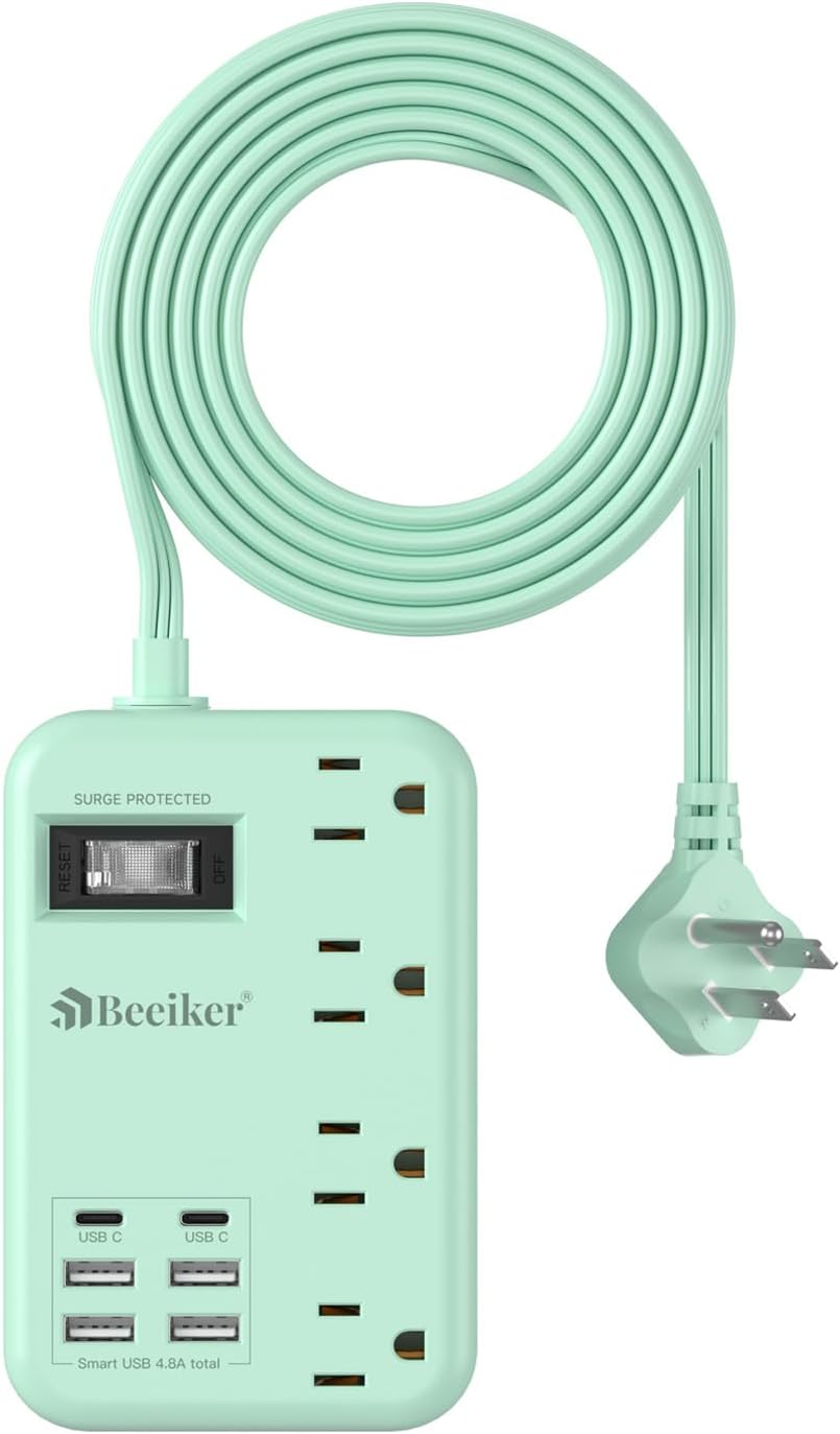 Beeiker 6 5Ft 4.8A 2 4 24W USB Green Travel Power Strip- Green Extension Cord with USB C Charging Station and Outlets