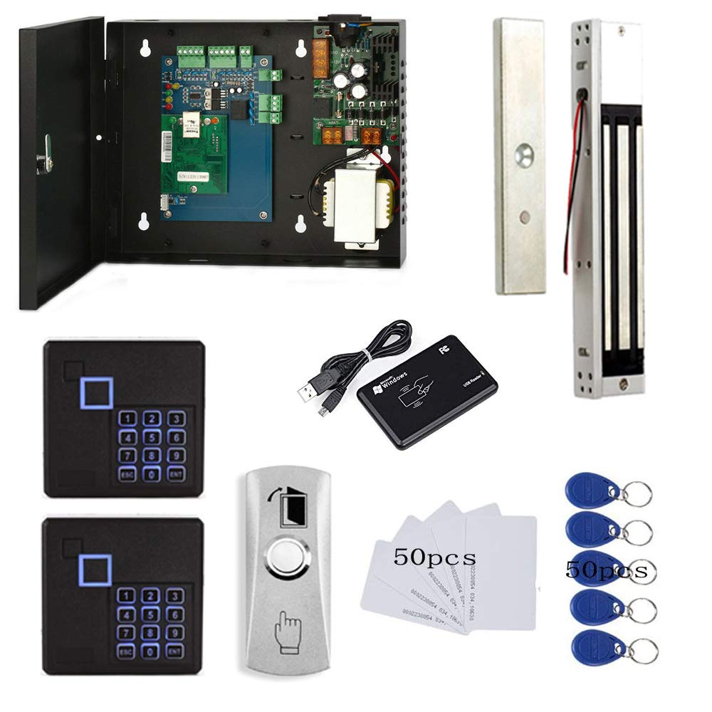 MENGQI-CONTROL Both Entry & Exit Access Control Door Security System 2pcs RFID Keypad Reader 600LB Magnetic Lock Metal Power Supply Box Phone APP Remote Open Door Have History in/Out Open Records