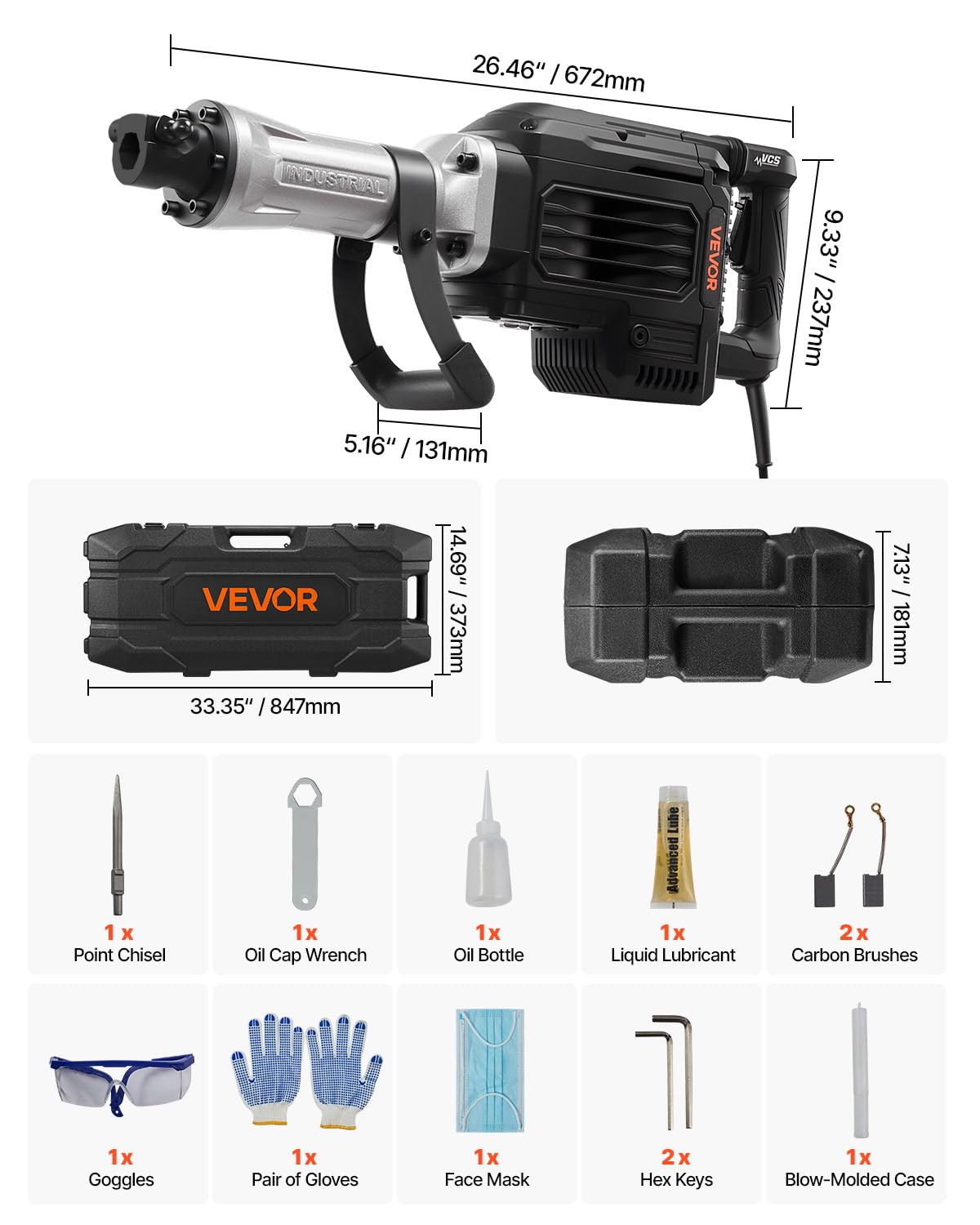 VEVOR Demolition Jack Hammer, 3000 W Powerful Electric Jackhammer, 1700 BPM Concrete Breaker with a Point Chisel, Carrying Case, Gloves, Goggles, for Concrete, Wall, Brick, Tile and Foundation