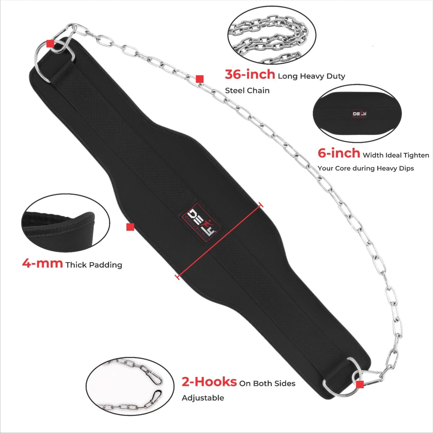 DEFY Dip Belt for Weight Lifting with 36" Steel Chain - 370 lbs weightlifting capacity - Neoprene Gym powerlifting belt for powerlifting & strength training for men & women