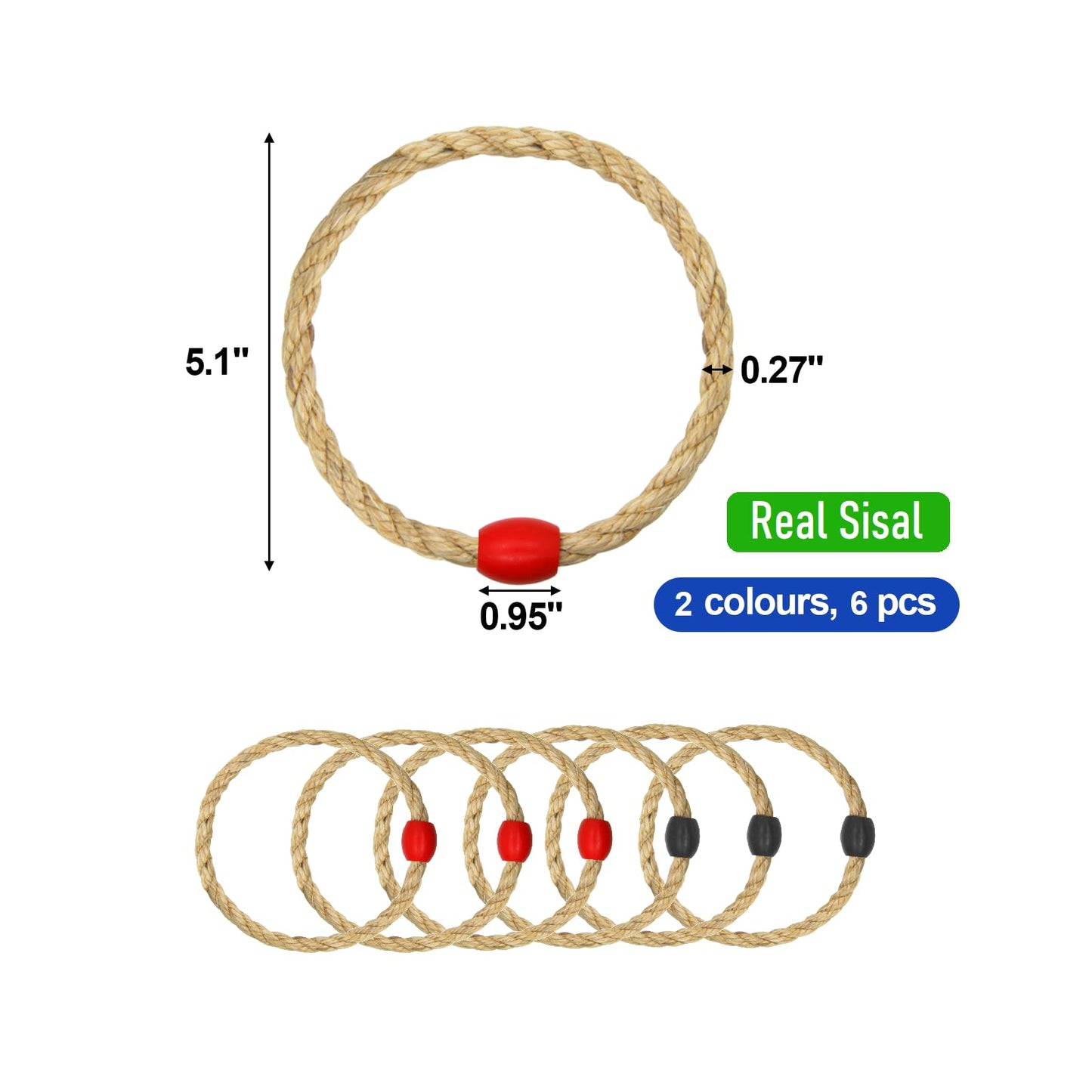 6 Pack Sisal Rope Ring Toss Game Replacement Parts for Adults and Kids, Outdoor Toss Rings for Agility Practice and Speed Game and Yard Games and Lawn Games for Party (Red and Black)