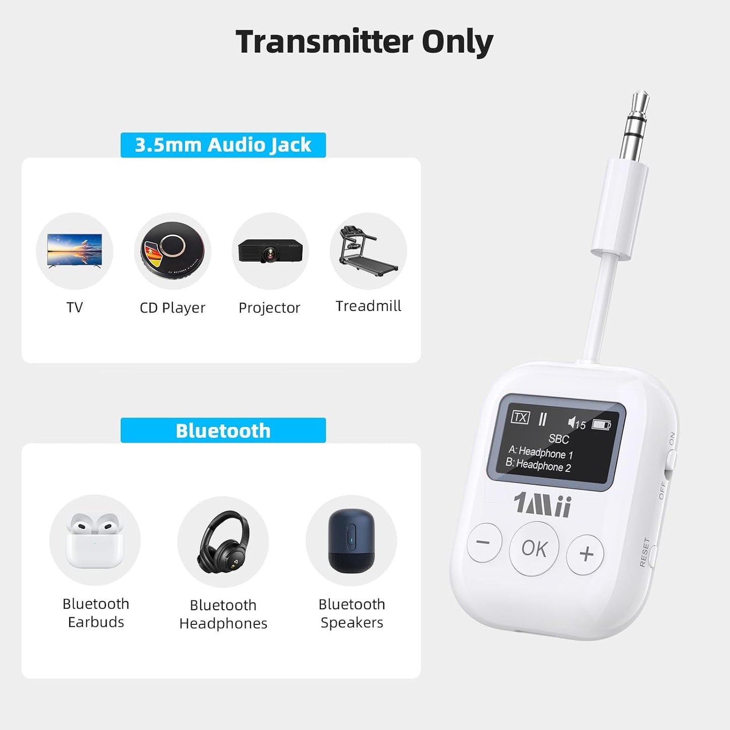 1Mii 5.3 2 25H 3.5mm MP3, Bluetooth Transmitter w/Screen for TV to Headphones, aptX AD/LL/HD Hi-Fi Audio, Playtime, AUX
