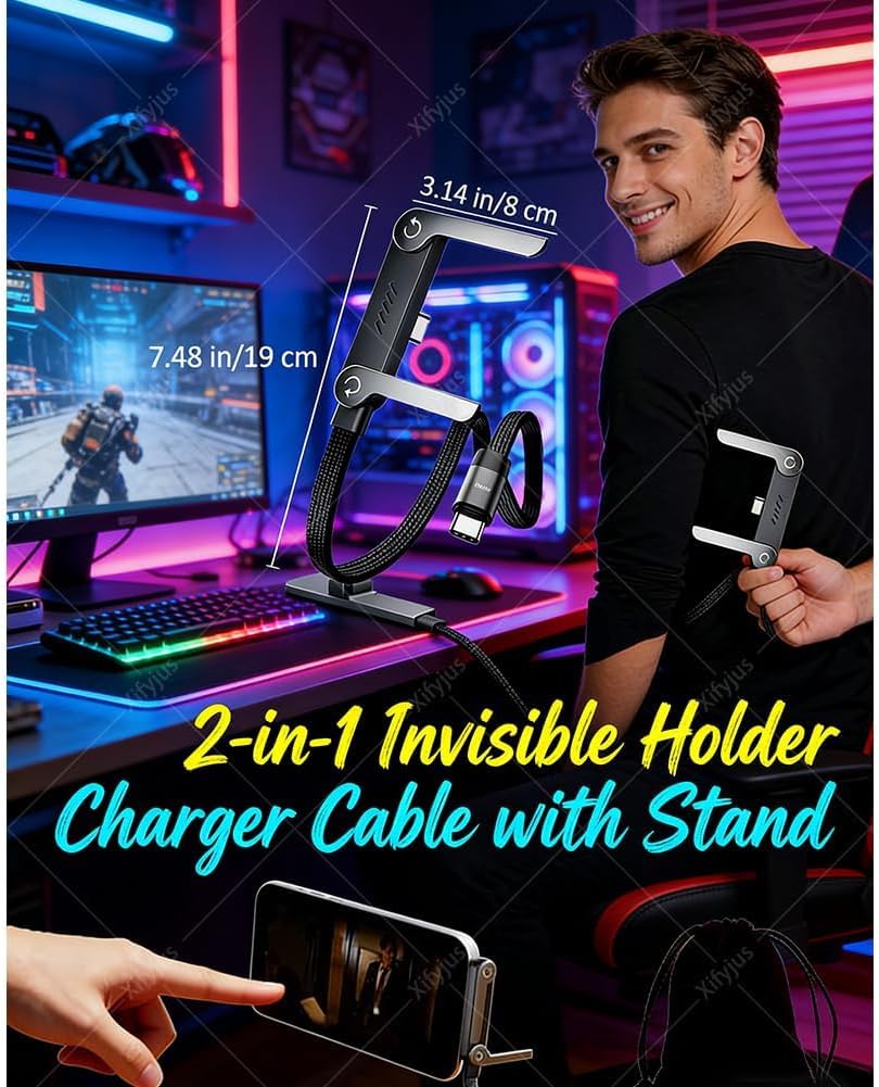 HAFRILY 2-in-1 240W (1pc, Invisible Holder Charger Cable, Stand Data Cable, Sideways Phone Charger, Invisible Holder