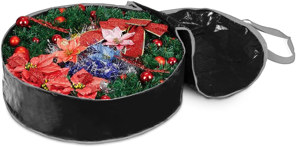 Propik Wreath Storage Bag - Tear-Resistant Holiday Garland Container with Heavy-Duty Handles | 24” x 24” x 8” (Black)