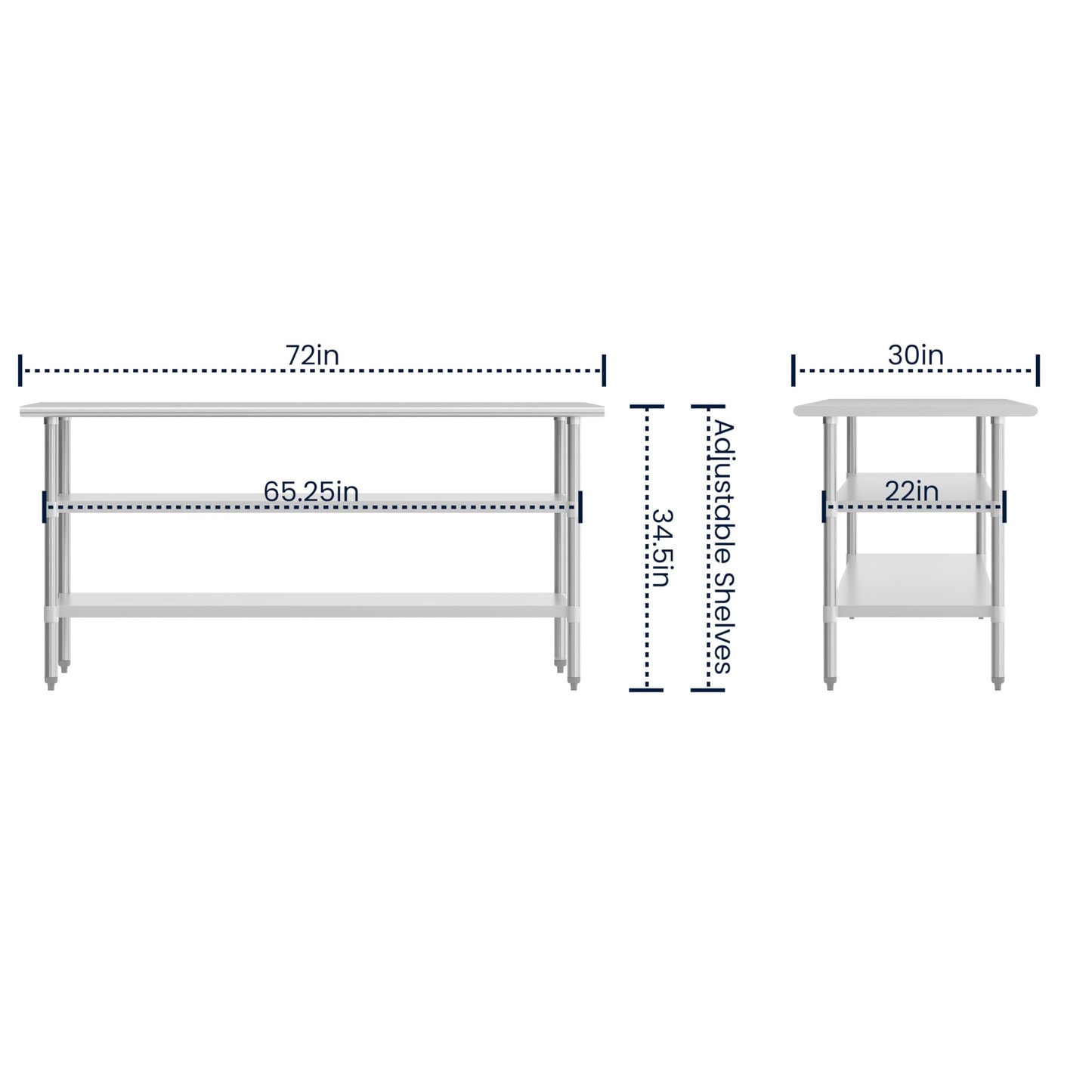 Flash Furniture Stainless Steel 18 Gauge Work Table with 2 Undershelves - 72" W x 30" D x 34.5" H, NSF