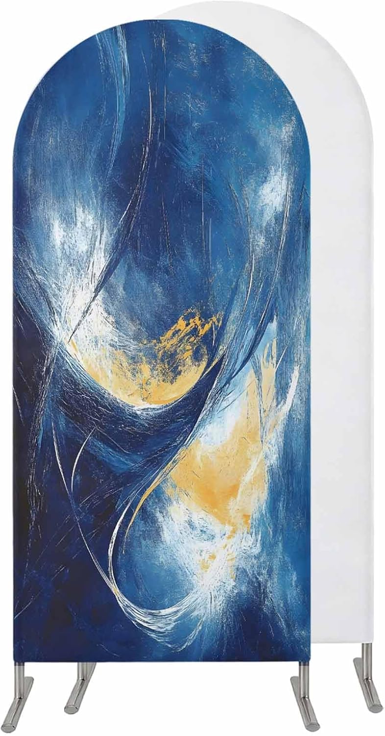 Jnbasdffb 6.6 Blue Yellow Abstract Wedding Arch Cover, Stretchy Spandex Arch Backdrop Stand Covers FT, Modern Oil