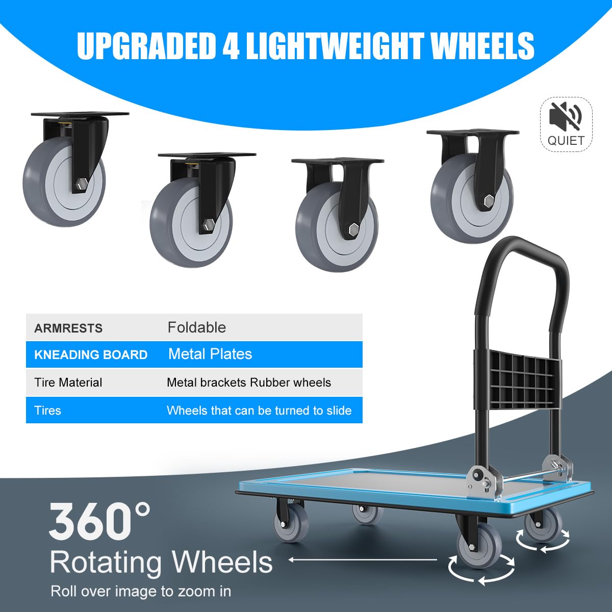 WUD Push Cart, Folding Mobile Platform Trolley,Thickened and Reinforced, 360° Swivel Wheels,30.3 “L x 19.7 ”W, 900 lb.Blue Dolly cart with Wheels