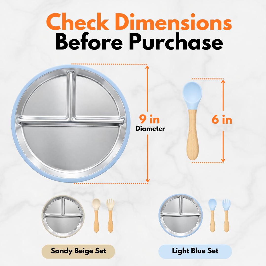 6-Piece Stainless Steel Divided Plates with Suction – Durable Toddler Dinnerware Set with Forks & Spoons – Mess-Free & Dishwasher Friendly