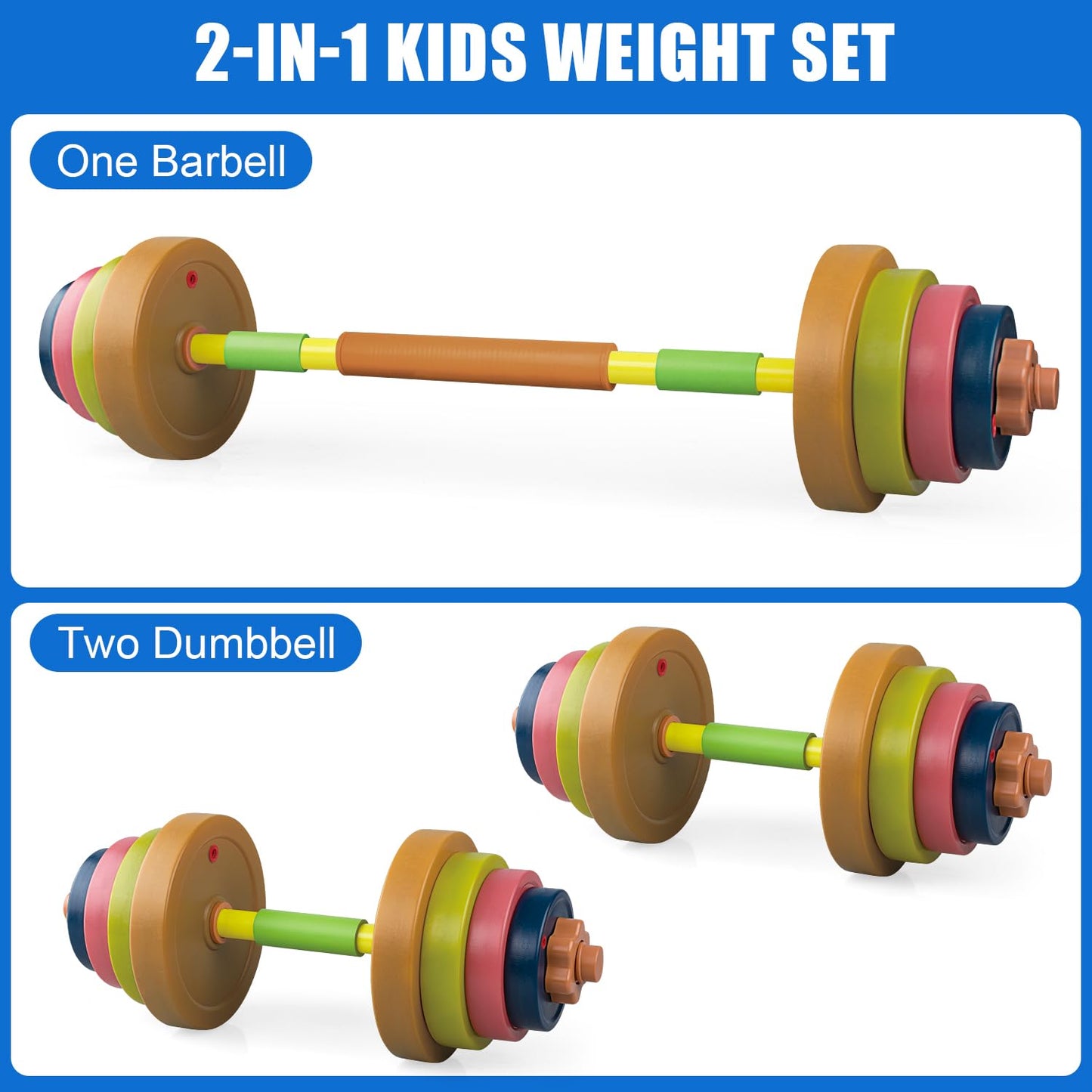 Hitish Kids Exercise Weight Set, 2-In-1 Barbell and Dumbbell Workout Equipment, Toddler Beginner Gym Toy for Pretend Play Lifting Exercise & Fitness, Adjustable Fill with Sand or Water