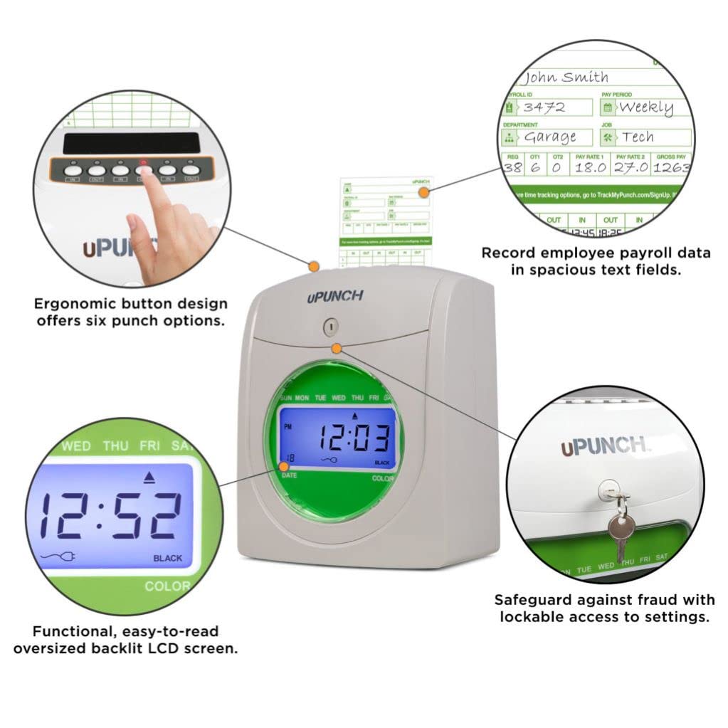 uPunch HN1500 Starter Time Clock Bundle for Small Business: Employee Punch Clock System with 100 Time Cards, Card Rack, and Ribbon
