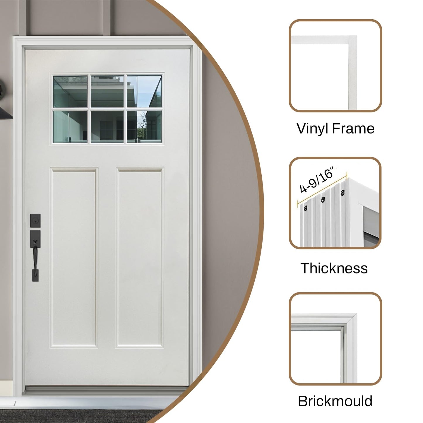 Fiberglass Entry Door, 36'' x 80'' Front Exterior Door with Brickmould and Vinyl Frame, Right Hand Inswing White Primed Knock-Down Door 4-9/16in, 6 Lite Low-E Glass