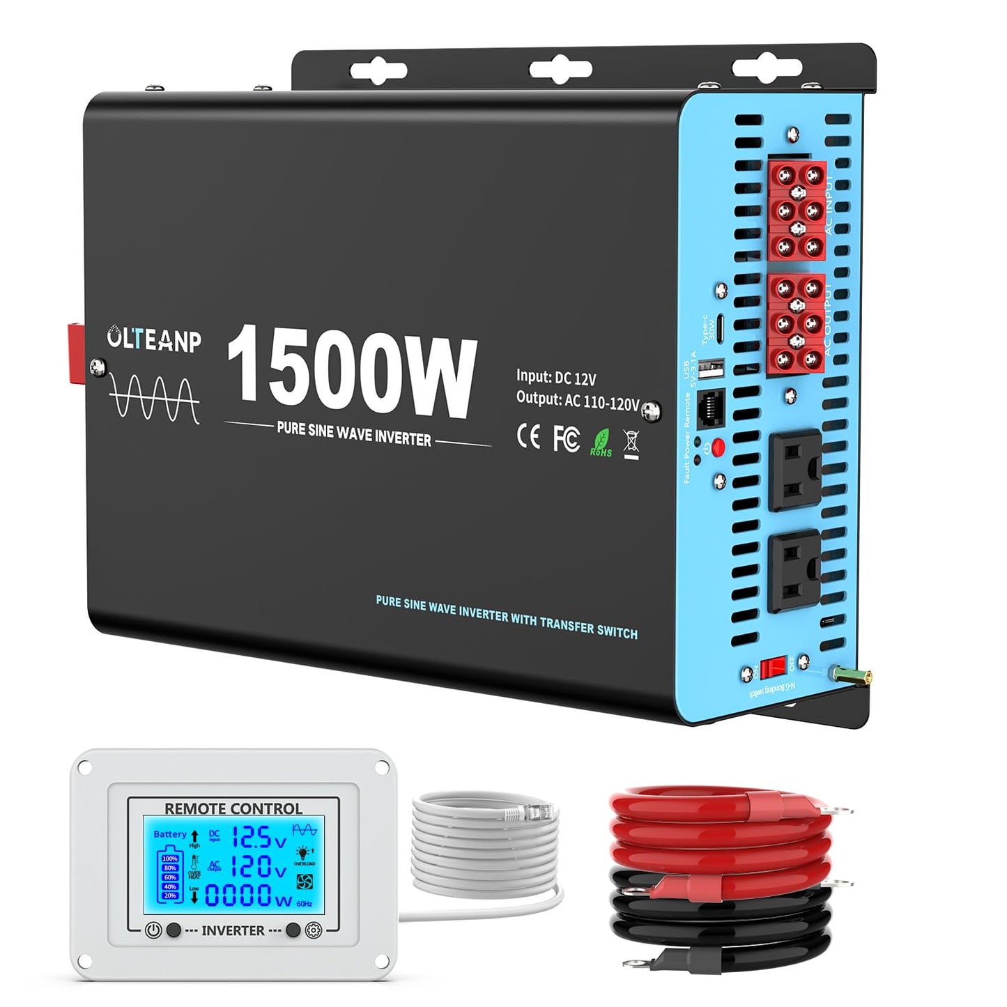 1500W Pure Sine Wave Power Inverter with Transfer Switch, 12V DC to 120V AC Converter, 3000W Peak, Auto Switch to Shore Power, Remote LCD Controller, USB & Type-C for RV, Truck, Off-Grid