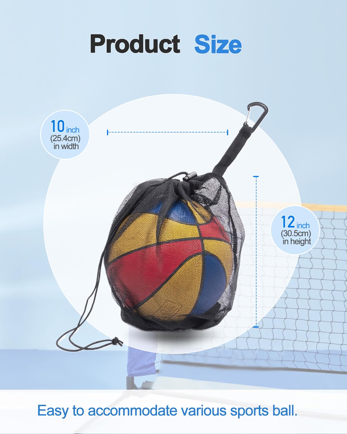 LHWINYI 2Pcs Single Mesh Ball Bag for Basketball Soccer & Volleyball, Lightweight Net Storage with Zipper Pocket for Sports, Portable Drawstring Bags with Hanging Clip for Men, Women & Athletes, Black