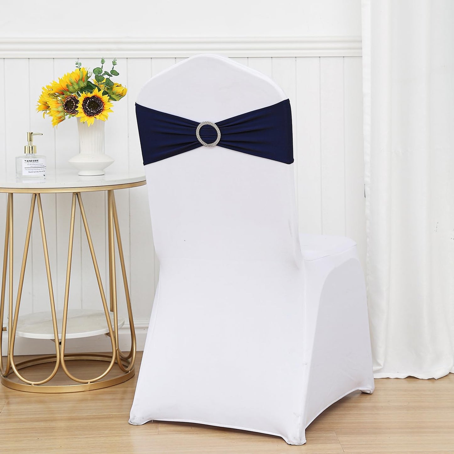 Skiennix 50 Pack Navy Blue Spandex Chair Sashes - Stretch Bands with Buckles for Weddings & Events