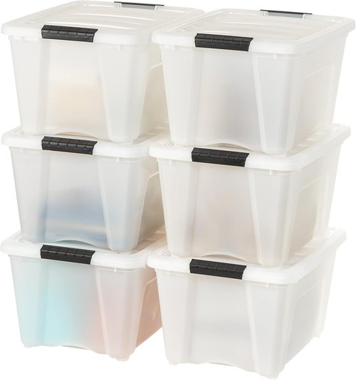 IRIS USA 32 Qt Stackable Storage Bins - BPA-Free, Durable Lids & Secure Handles - 6 Pack in Pearl