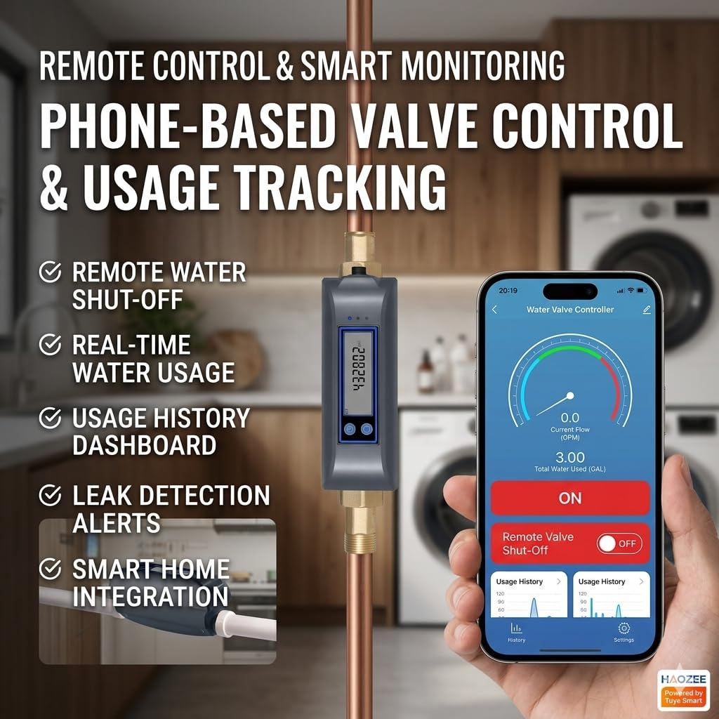 Haozee WiFi Smart Water Valve and Auto Shut-Off, Automation Scene Works with Leak Detector, Water Flow Meter, Built-in Battery, for 3/4" Diameter DN20 Pipe