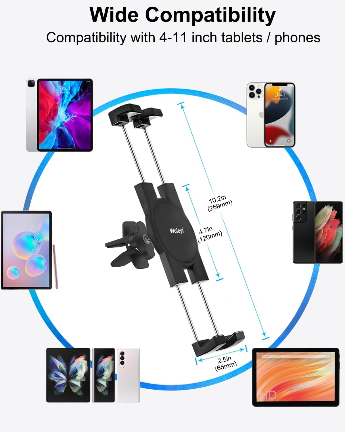 woleyi 4.7-11" Air Vent Car Tablet Mount, AC Vent Tablet Holder for Car, Universal Tablets Clamp Vent Clip, Compatible