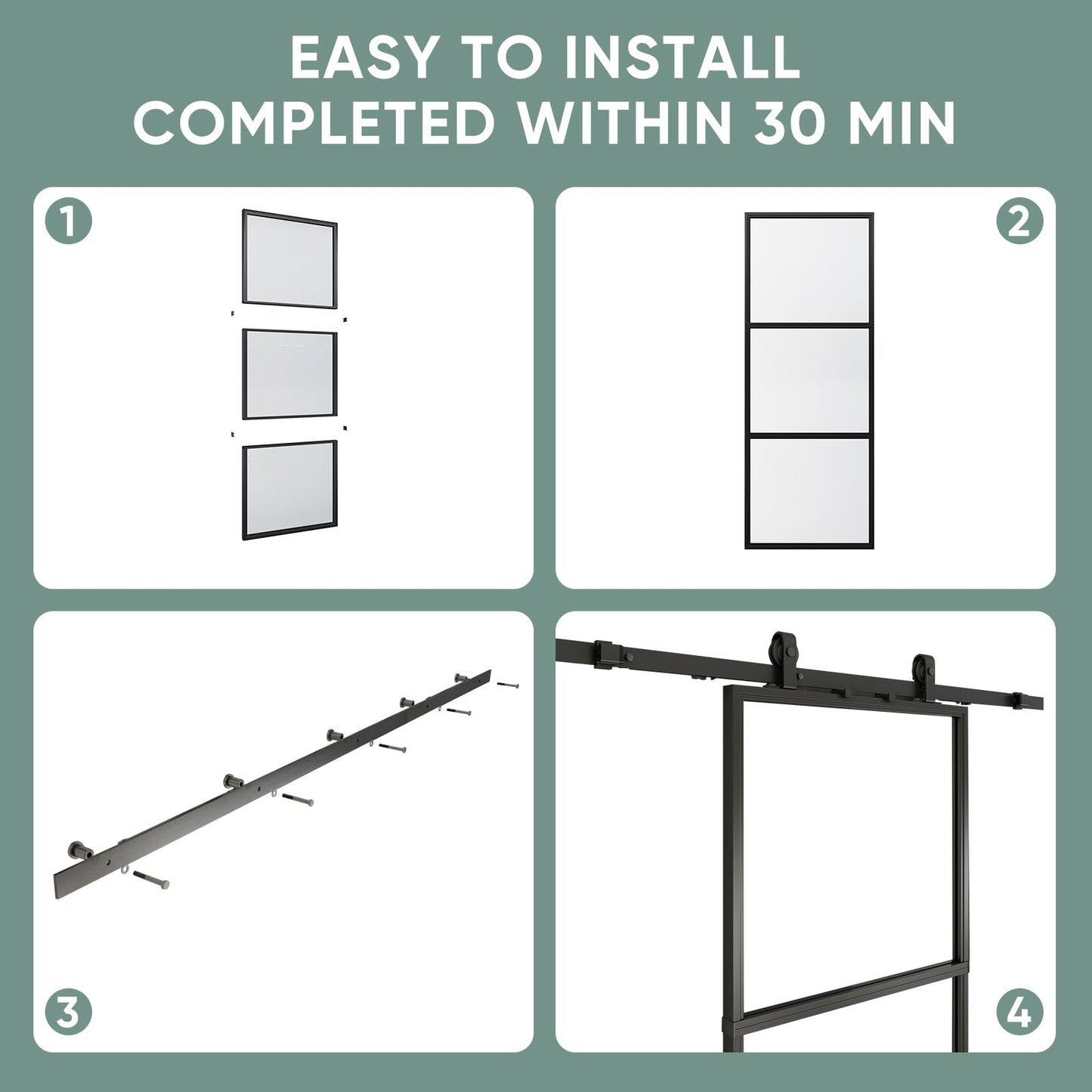 JUBEST 36in x 84in Glass Barn Door, Clear Tempered Glass Carbon Steel Pre Drilled Frame Sliding Barn Door Panel with 6FT Hardware Kit and Soft Close, Easy to Install