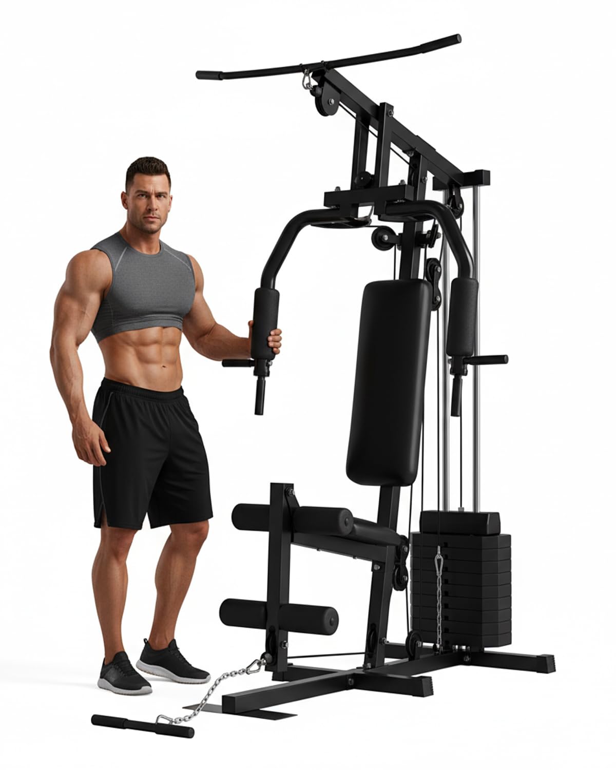 Home Gym Machine with 100LB Weight Stack, Multifunctional Full Body Workout Station for LAT Pulldown, Chest Press, Leg Extension & Strength Training, Compact Fitness Equipment for Home Use