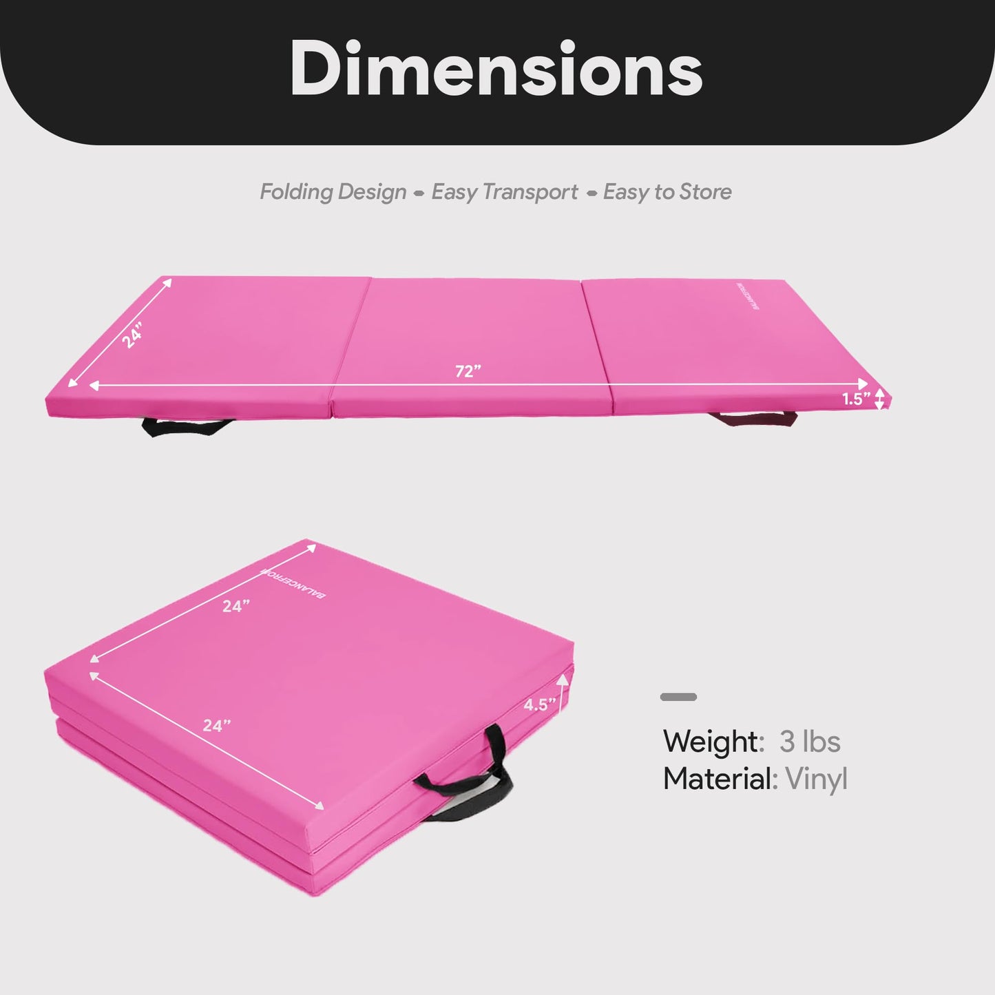 Signature Fitness Three Fold Folding Exercise Mat with Carrying Handles for MMA, Gymnastics and Home Gym Protective Flooring, 1.5-Inch Thick, Pink